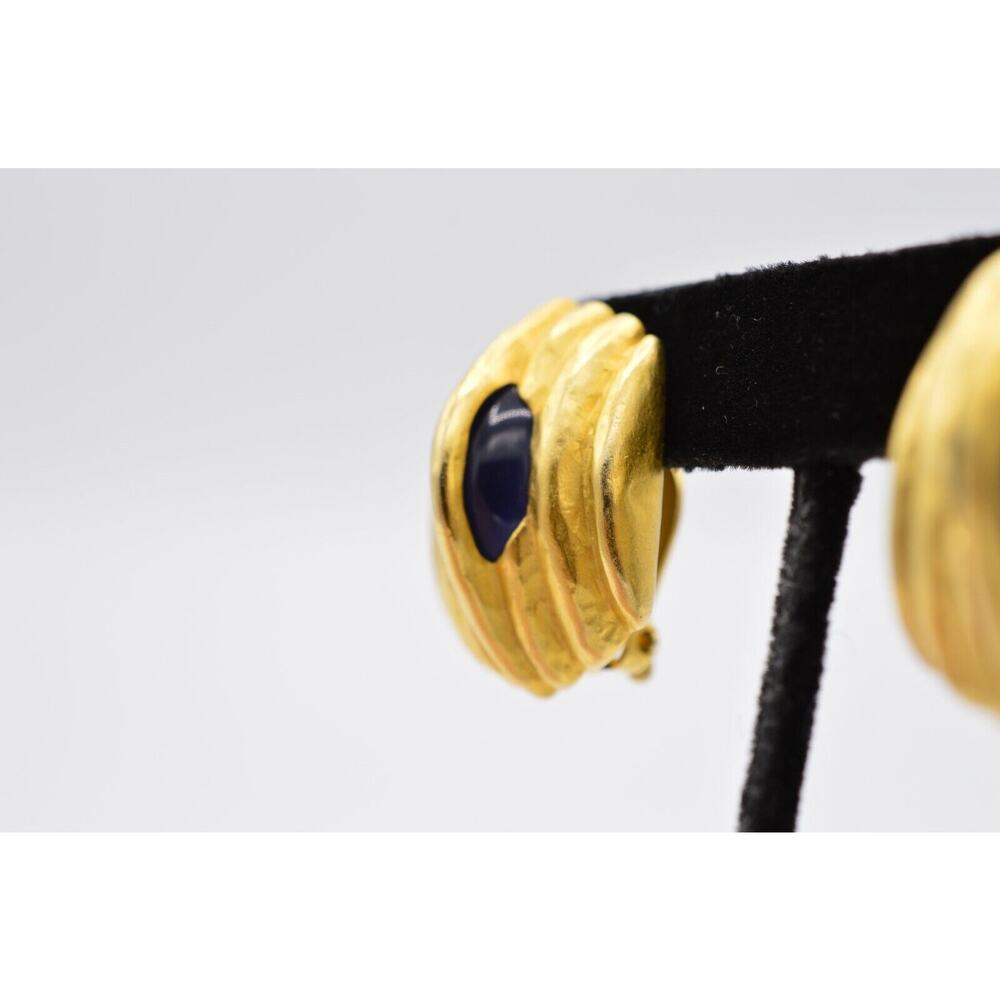 Givenchy Vintage Cabochon Clip On Earrings Brushed Gold Blue Chunky Signed BinX - Picture 8 of 12